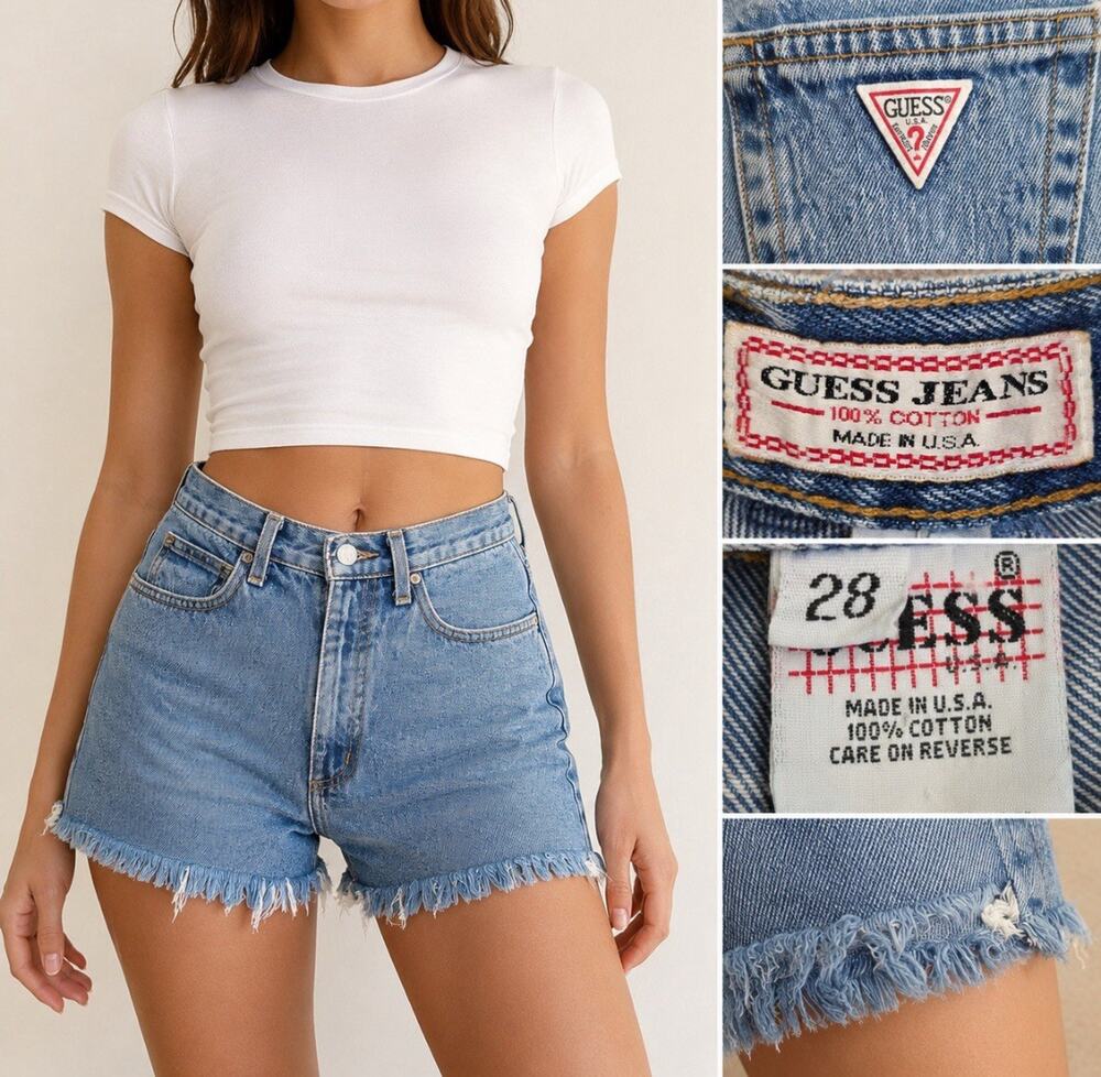Vintage Indie 90s Guess Jeans High Rise Cutoff Denim Shorts Size 28 Light Wash